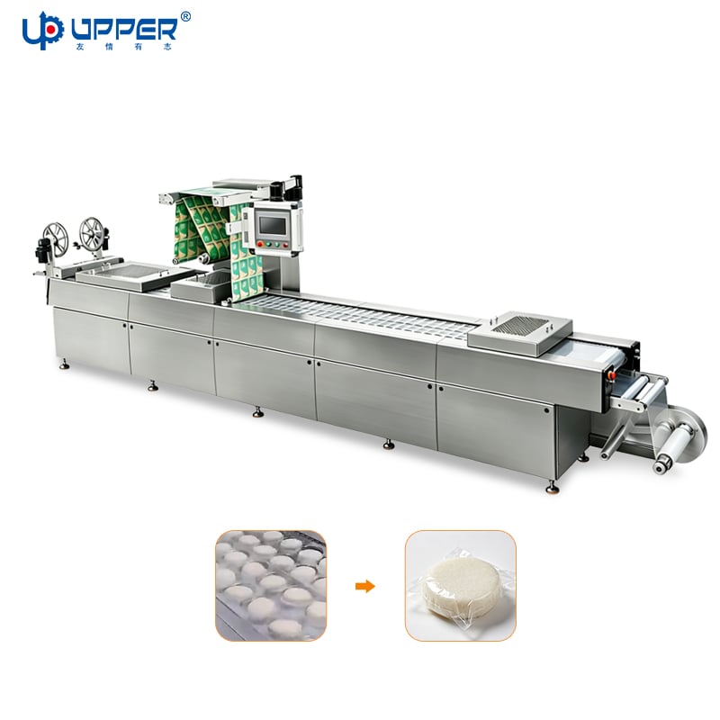Flexible thermoforming vacuum packing machine for pastries and cooked food