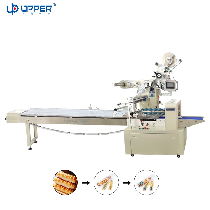 UPB-450 automatic labeling pillow packaging machine for bread  roti French baguette packing