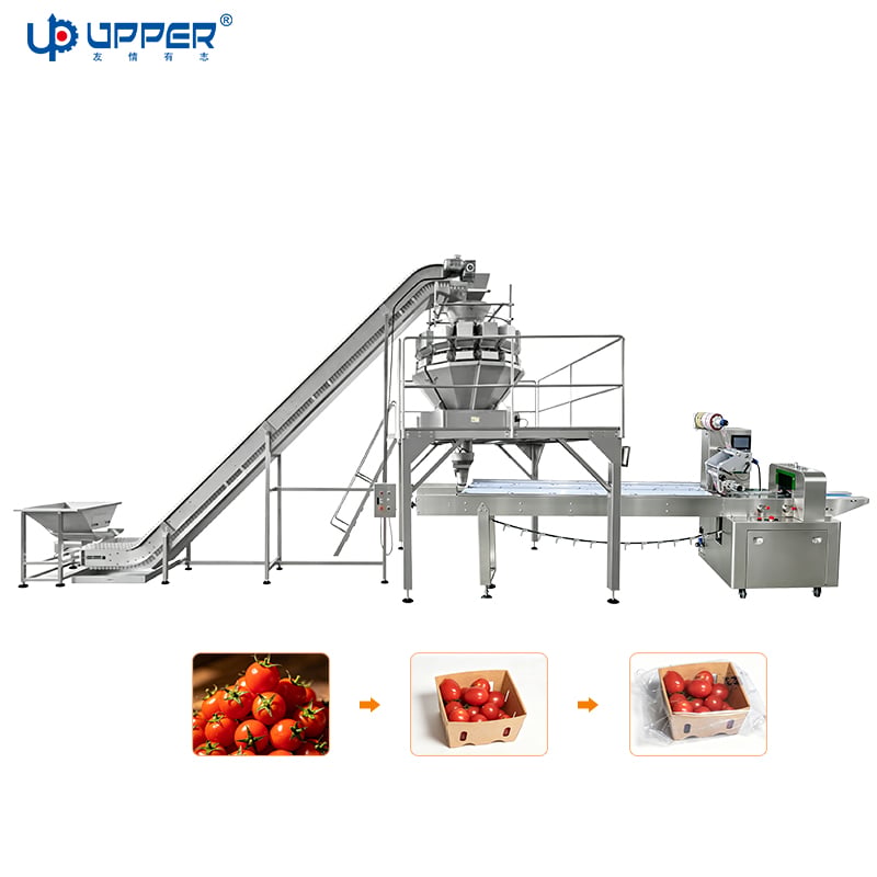 Small tomato automatic feeding packaging line with vertical multi-head combination weighing machine and flow packing machine