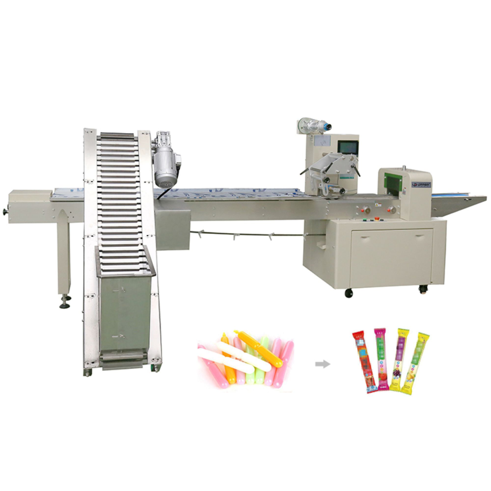 Popsicle flow packing machine with lifting conveyor for cylindrical rod