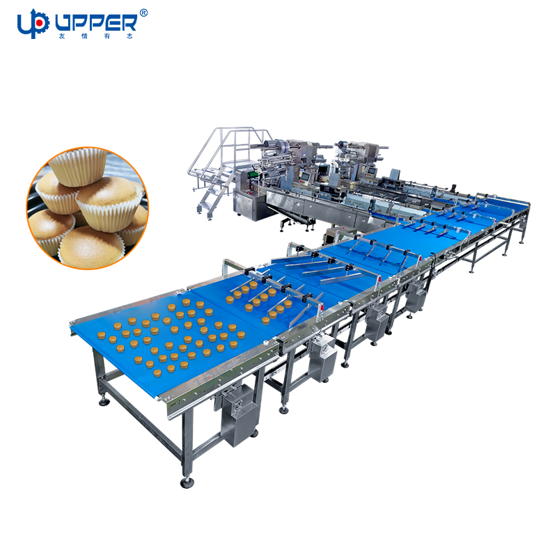 Cup cake fully automatic packaging line with feeding machine and stacker bags arranging machine for biscuit muffin snack