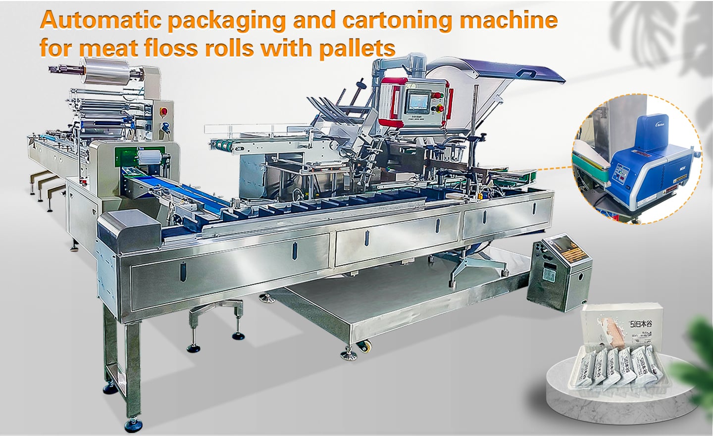 Carton box packing machine Automatic feeding and cartoning machine for meat floss rolls with tray supplier