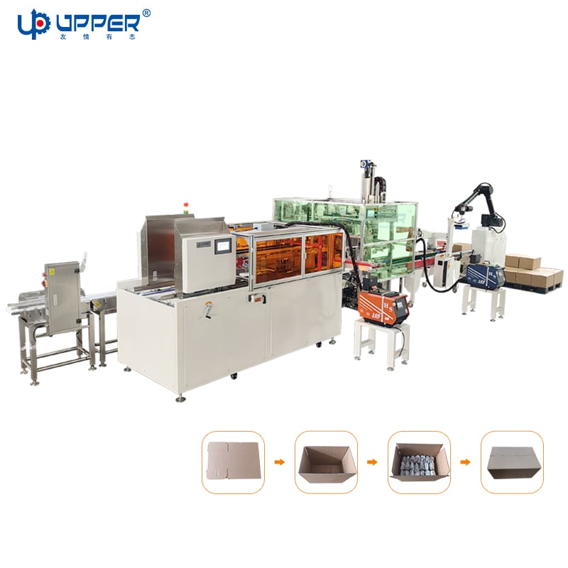 Bagged snacks automatic weight checking, case packing, spray glue sealing palletizing machine