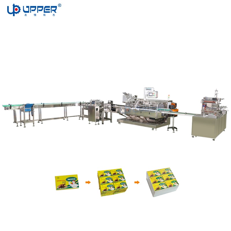 Chicken essence block automatic feeding packaging line with cartoning machine and Cellophane wrapping