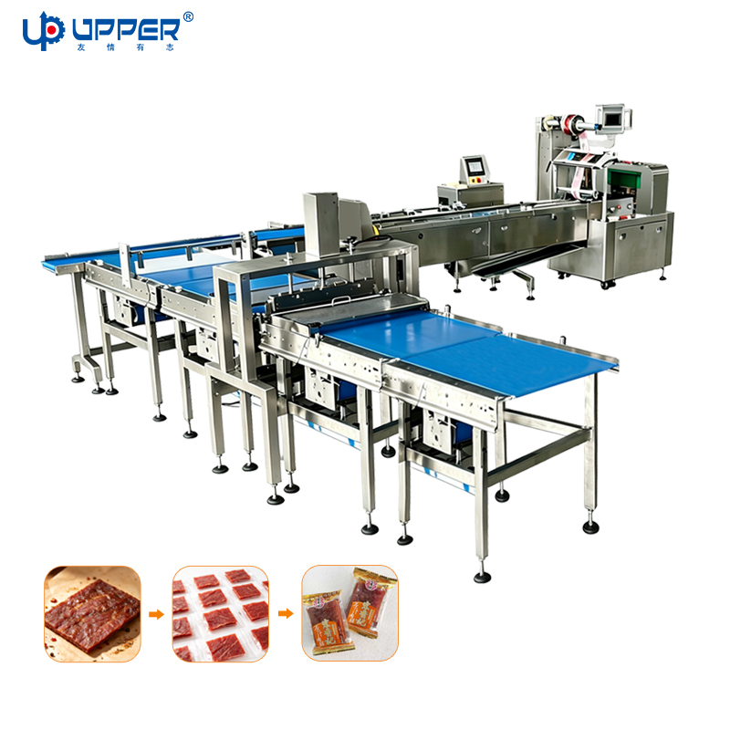 Automatic Beef Jerky Pork Jerky Cutting Packaging Line, Sheet Shaped Meat Slice Slicing Feeding Flow Wrapping Production Line
