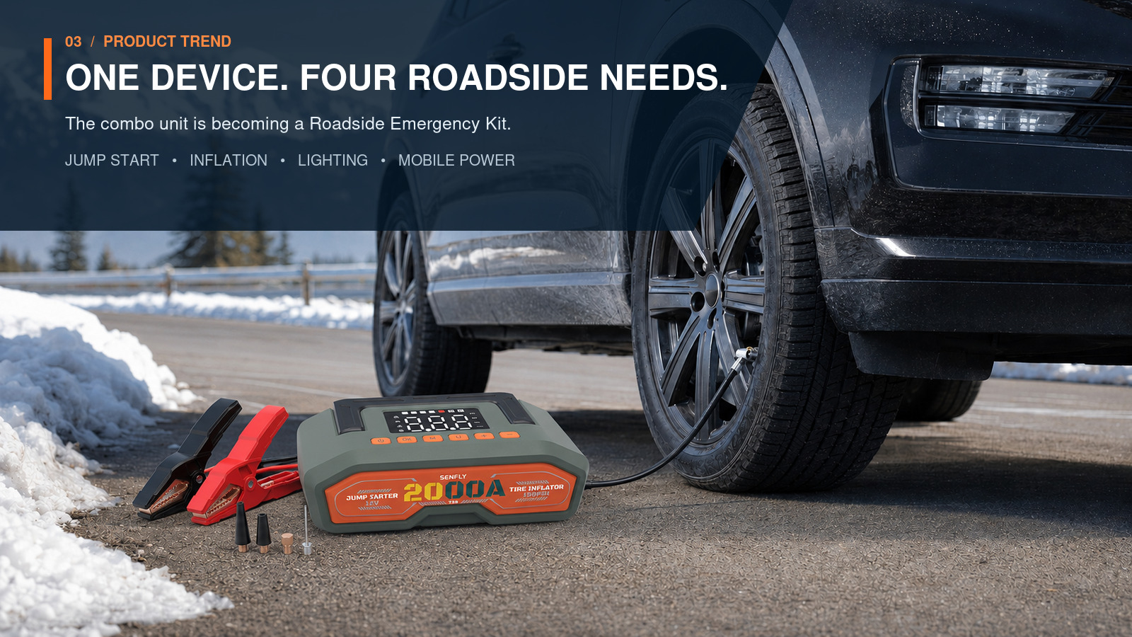 SENFLY T38 jump starter and inflator combo connected correctly to a vehicle tire