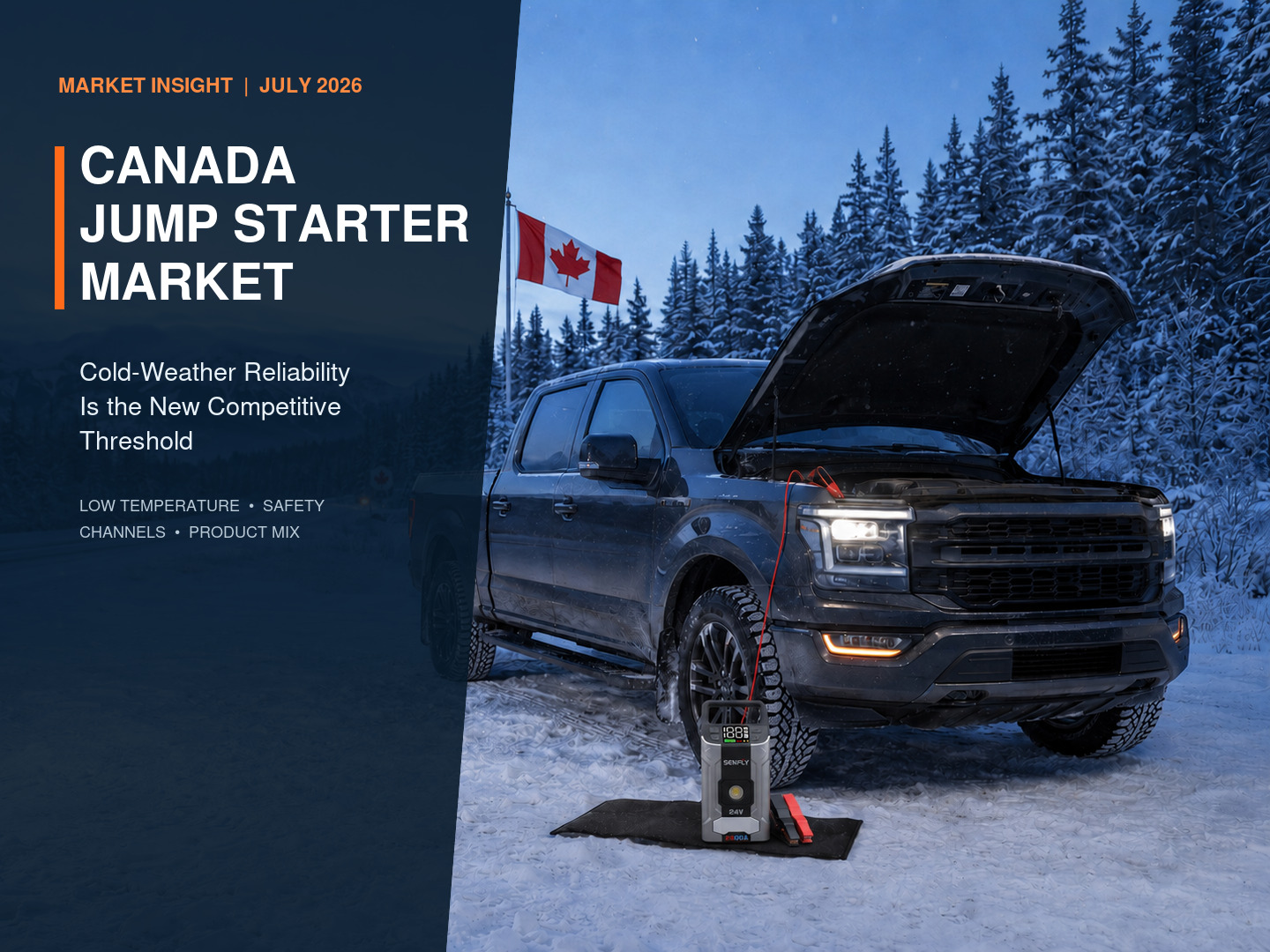 SENFLY T40 jump starter beside a pickup truck on a snow-covered Canadian road