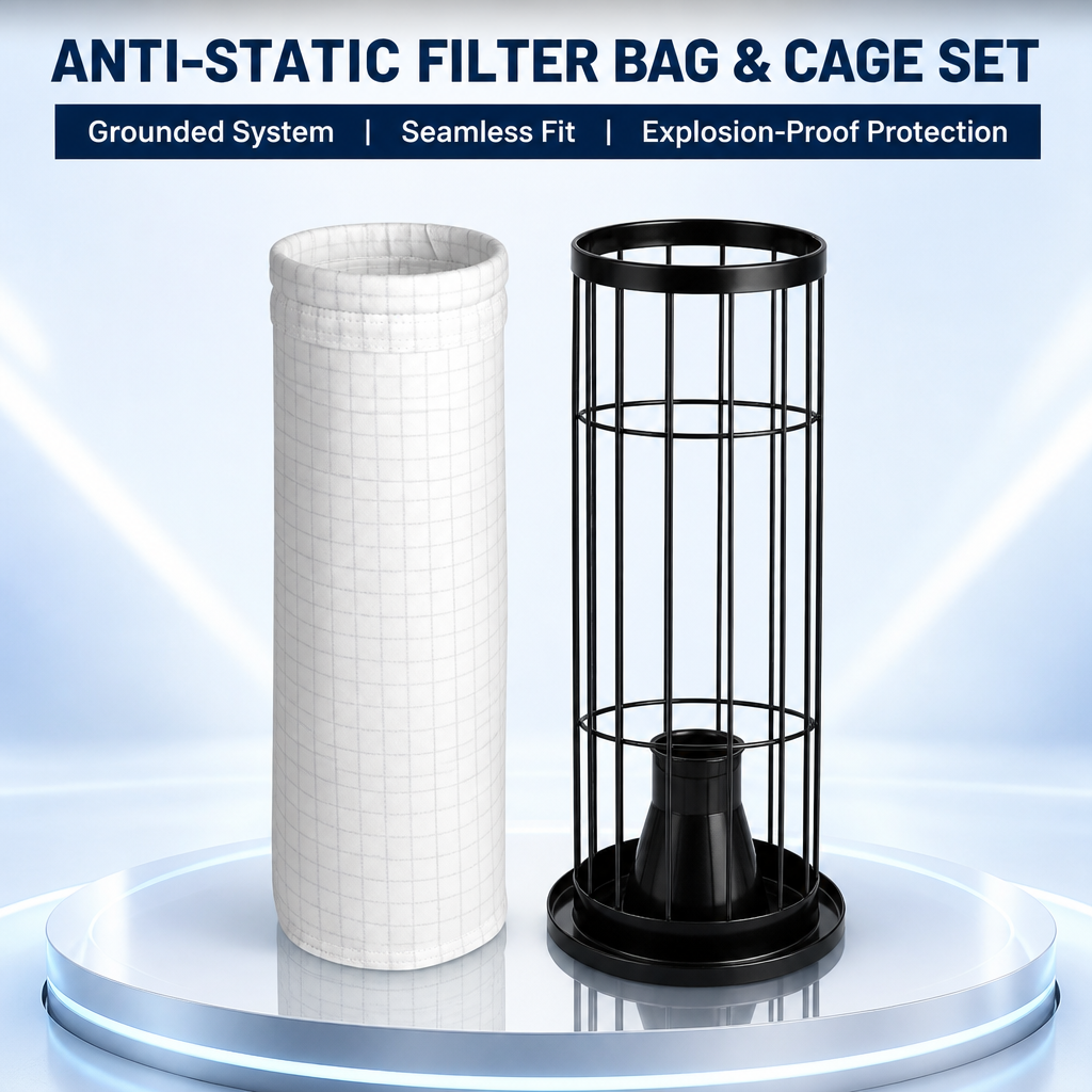 GUANLIN grid anti-static polyester filter bags, 130°C temperature resistance, for woodworking, coal powder and chemical combustible dust collection.