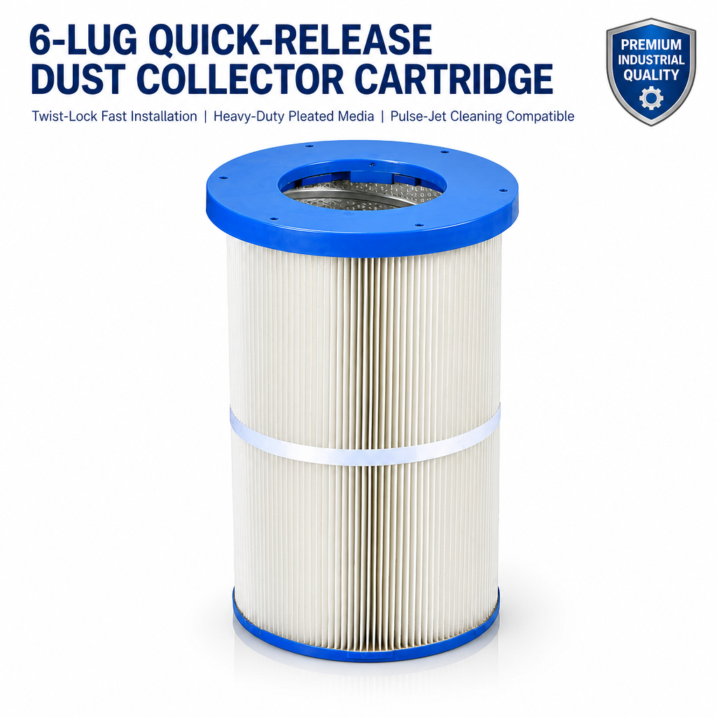 GUANLIN six lug quick release filter cartridge, tool-free dust collector element for metalworking and powder coating.