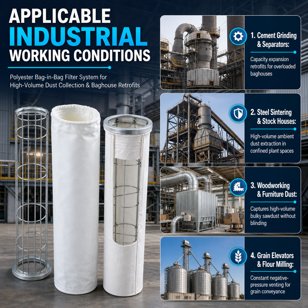 GUANLIN bag in bag pre-filter solution, double layer dust collection bag for extended service life in heavy dust loads.