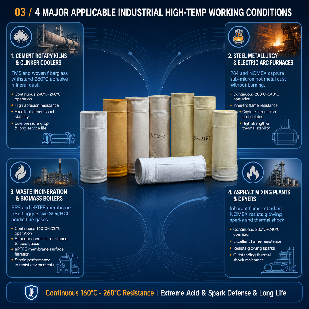 High temperature combination filter bag applications