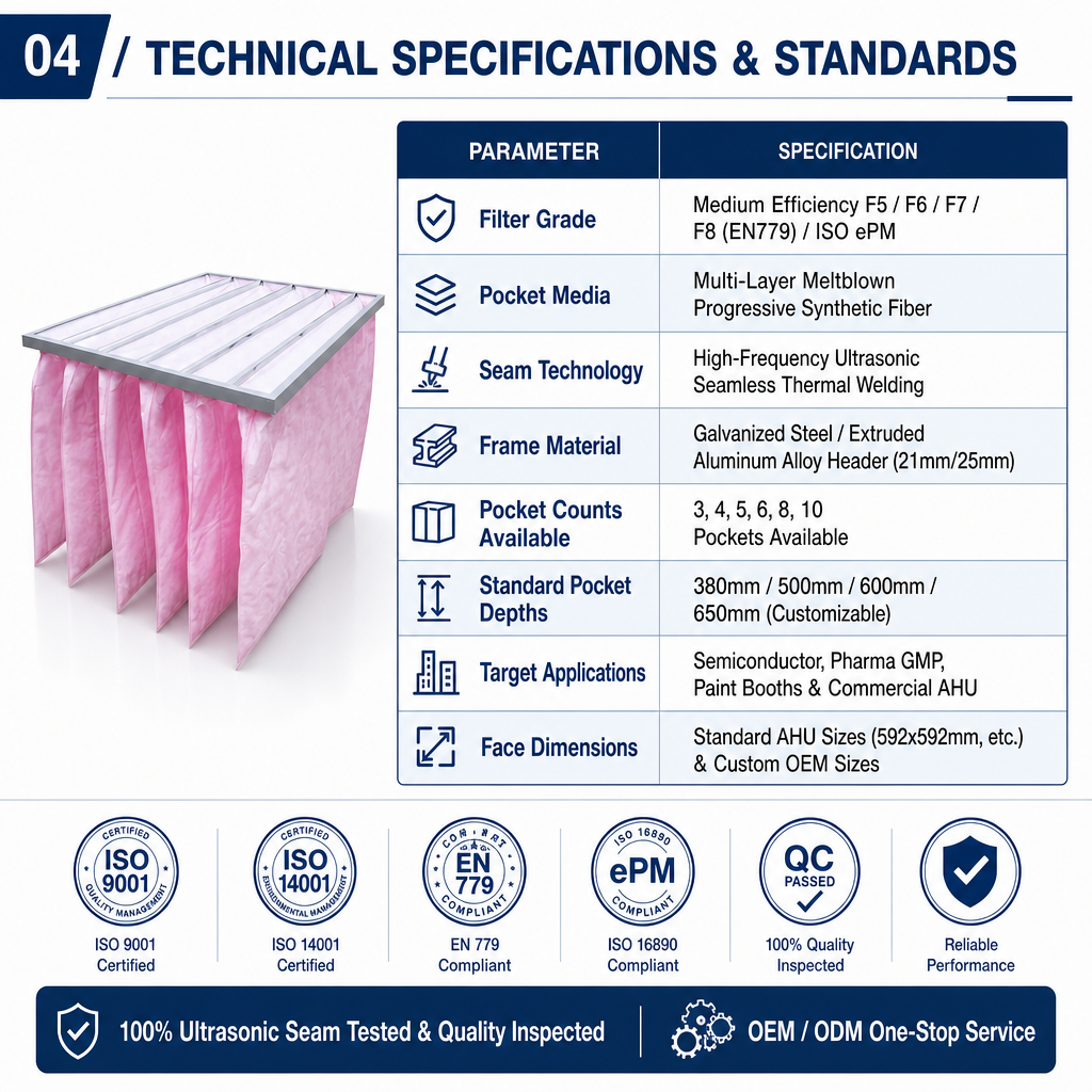 Hospital medium efficiency bag filter structure