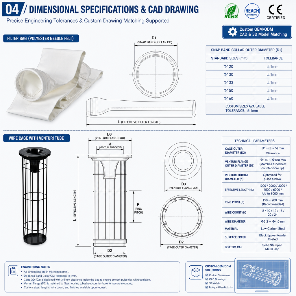Dimensional specifications and CAD drawing of polyester filter bag