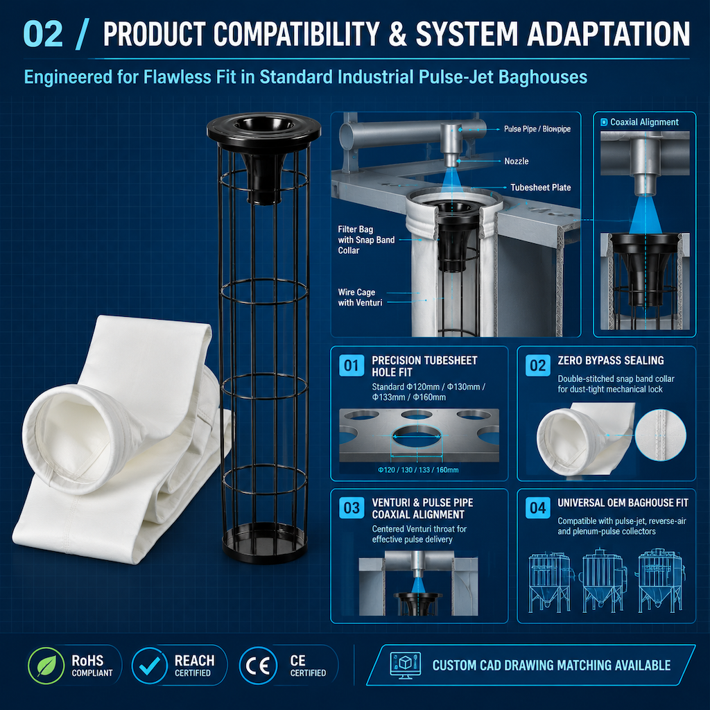 Polyester filter bag compatibility and system adaptation