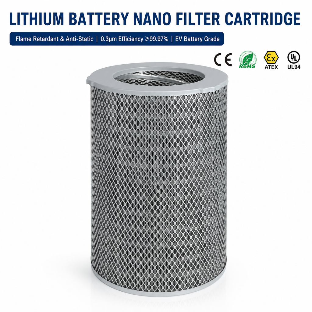 GUANLIN nano flame retardant anti-static filter cartridge, conductive HEPA element for combustible metal dust extraction.