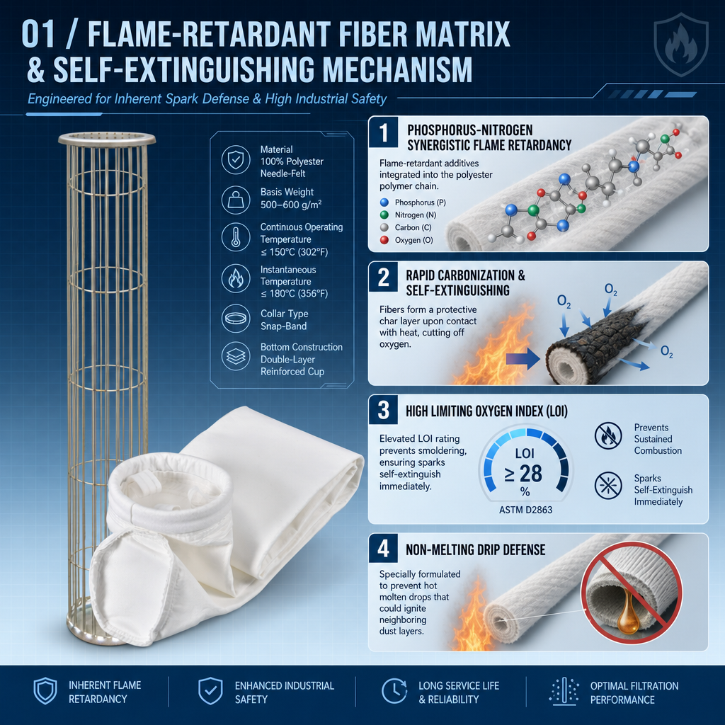 Flame retardant filter bag compatibility and installation