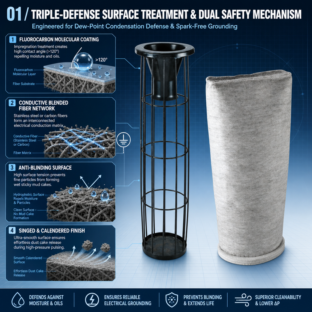 GUANLIN waterproof oil-proof anti-static filter bags, 130°C, for humid and oily dust in food and metal processing.