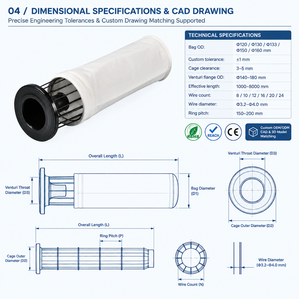 PTFE membrane filter bag technical specifications