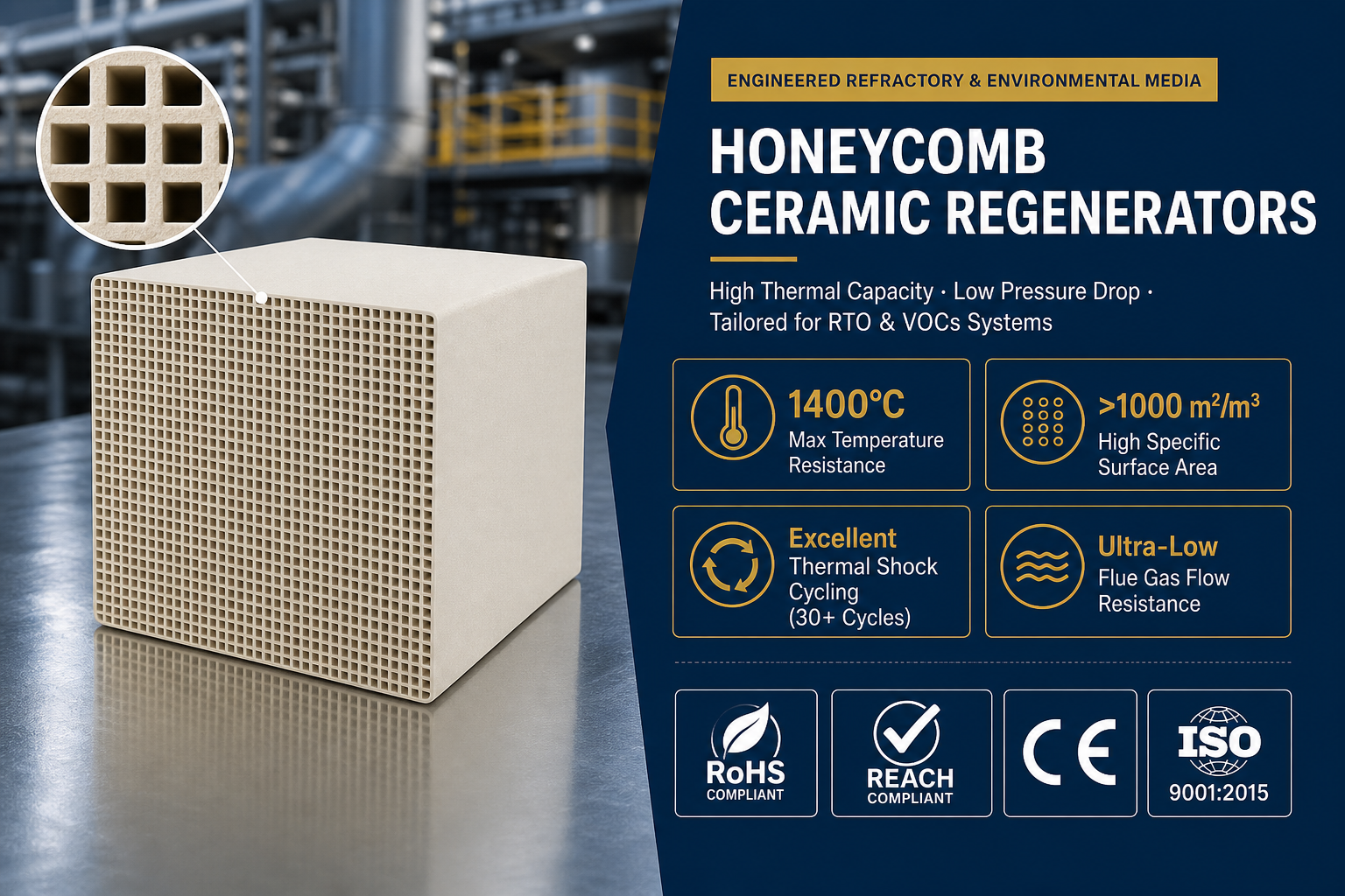 GUANLIN honeycomb ceramic heat exchange media, high temperature ceramic core for RTO and industrial flue gas heat recovery.