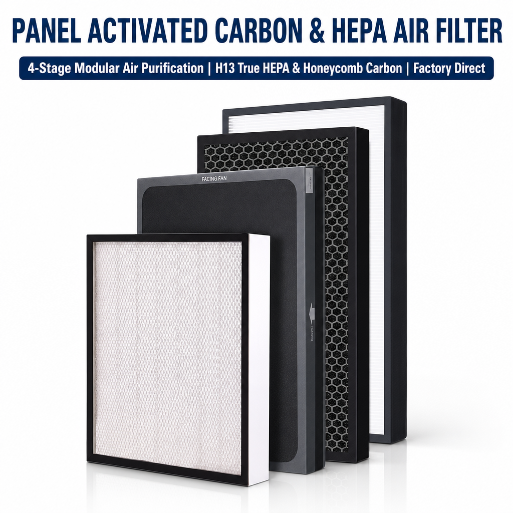 GUANLIN activated carbon pleated filter, high efficiency panel for odour and VOC removal in HVAC and cleanroom air.