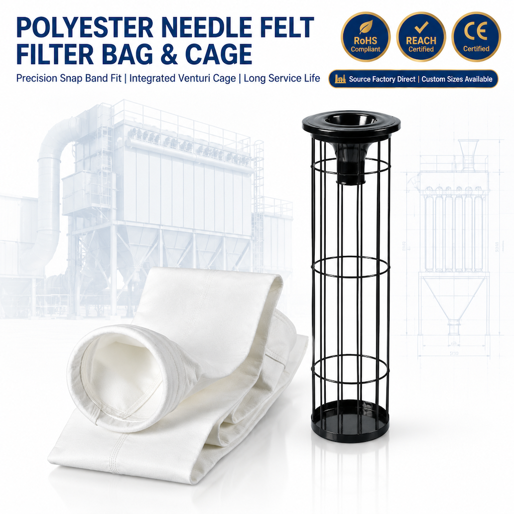 GUANLIN polyester needle-punched felt dust collection filter bags, 130°C temperature resistance, for woodworking, cement and flour mill baghouse dust collection.