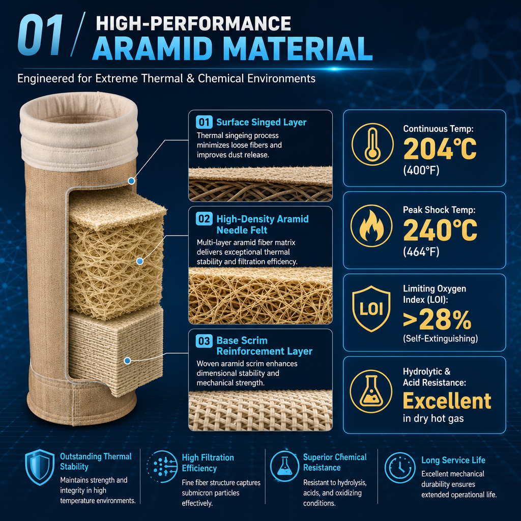 Aramid filter bag installation and cage compatibility