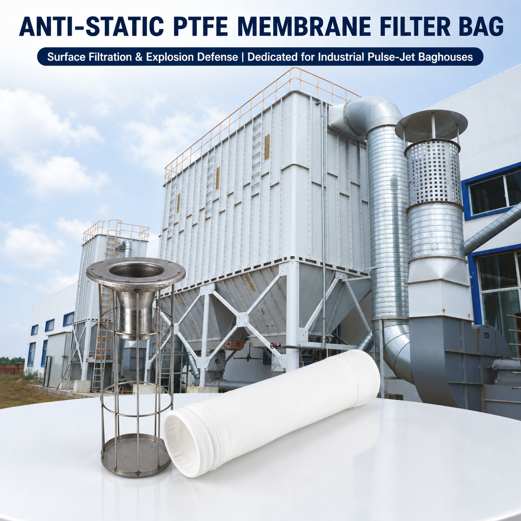 Grid Anti-Static PTFE Coated Filter Bag | Explosion Proof Dust Collector Bag PTFE Coated Grid Conductive Anti-Static Polyester Filter Bag for Pulse Jet Baghouse Grid Anti-Static PTFE Coated Filter Bag