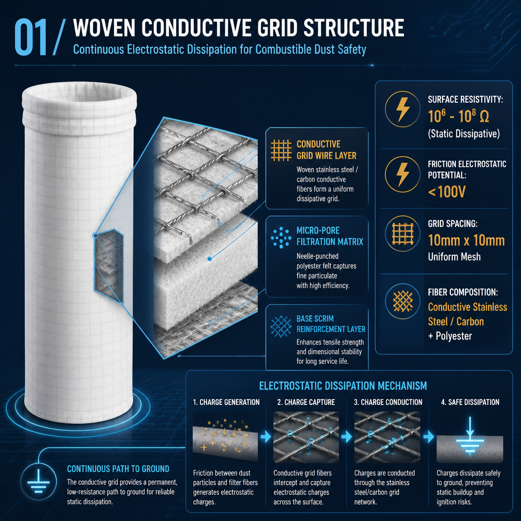 Grounded system and precision fit of anti-static filter bag