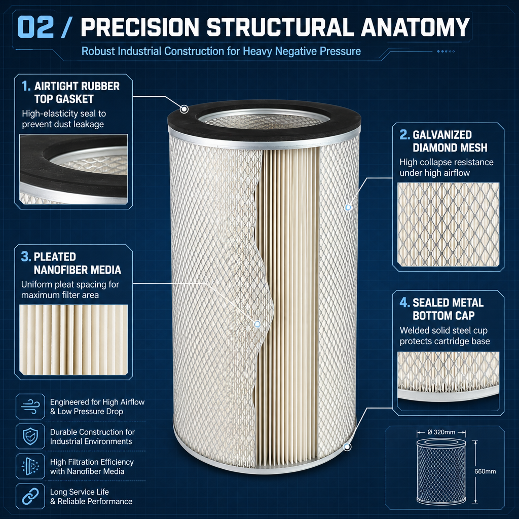 GUANLIN nano flame retardant filter cartridge, fine fibre element for high efficiency industrial dust capture.