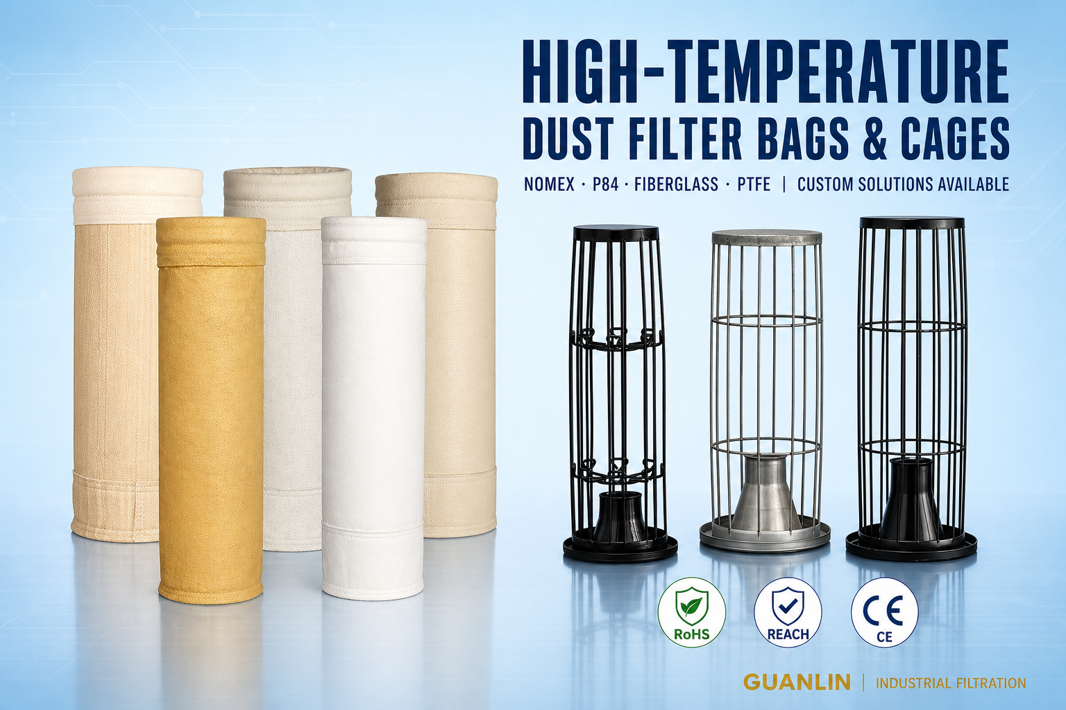 The application areas of heat-resistant dust-removing filter bags and their corresponding bag frames.