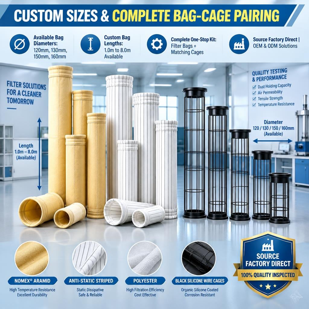 GUANLIN mixed duty filter bag set, Nomex and anti-static bags with matched cages for multi-zone baghouses.