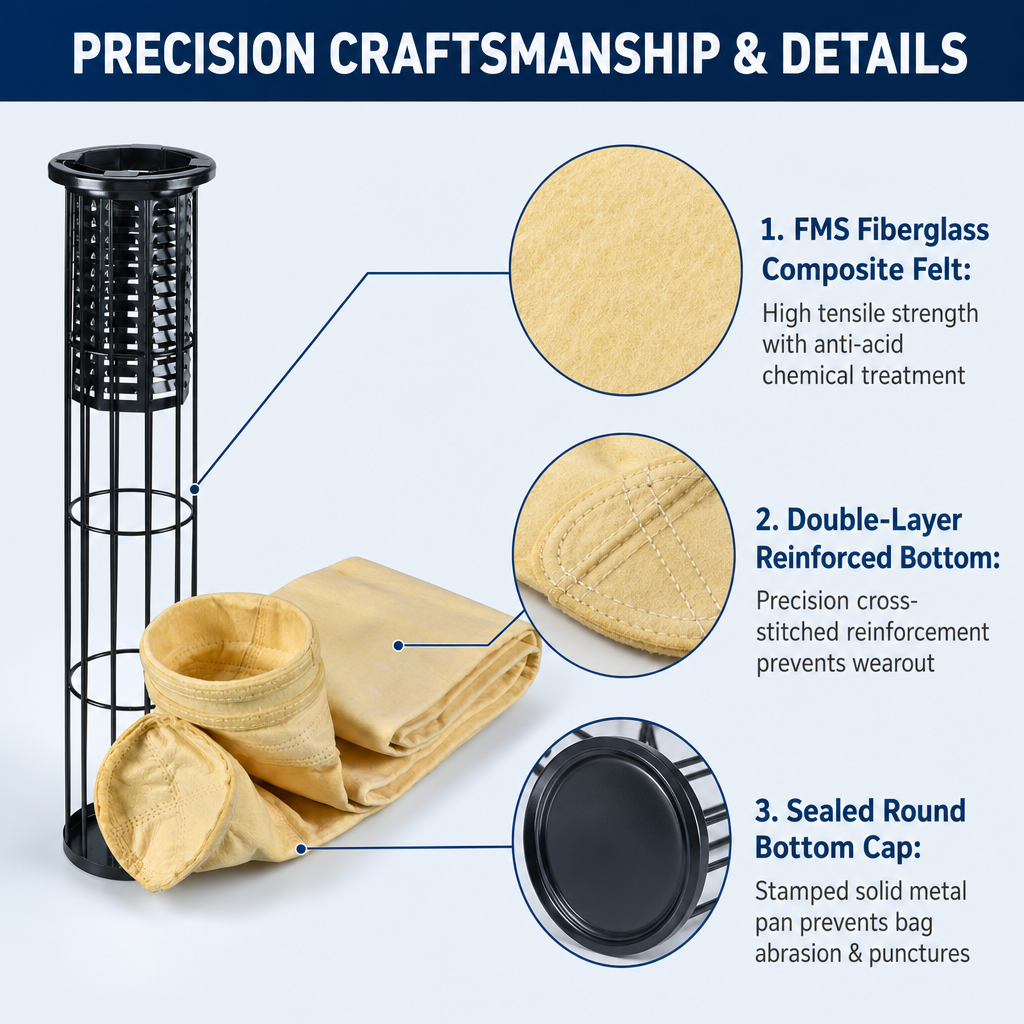 GUANLIN cement plant filter bags, 260°C FMS fiberglass composite, for kiln and preheater dust collection.