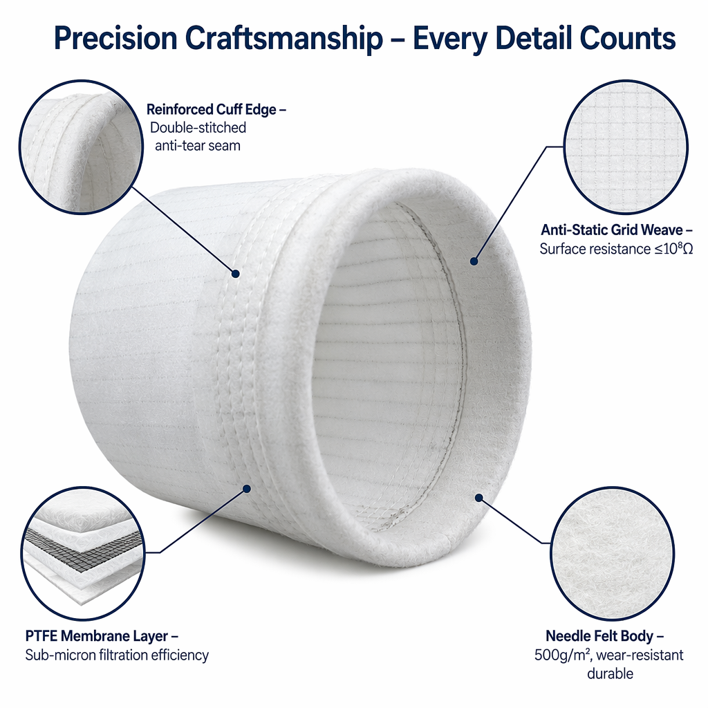 OEM Customizable Size Grid Type Anti-Static Polyester Dust Filter Bag CE Certified for Baghouse Pulse Jet Dust Collector