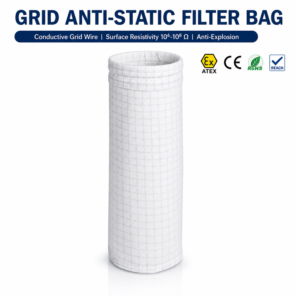 Grid Anti-Static Polyester Filter Bag | Baghouse Explosion-Proof Dust Filter Bag Grid Anti-Static Polyester Needle Felt Filter Bag for Pulse Jet Dust Collector Grid Conductive Anti-Static Polyester Needle Punched Felt Filter Bag