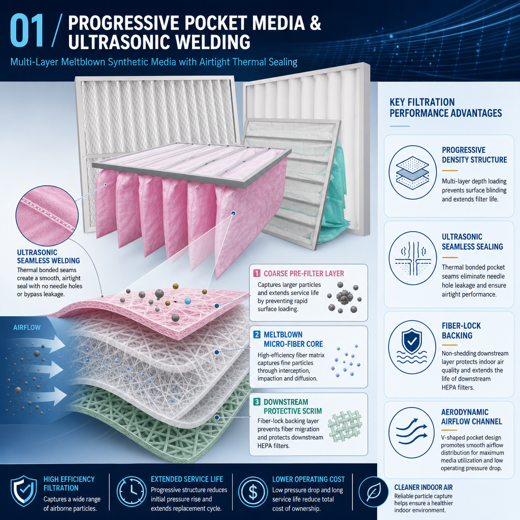 Medium efficiency pocket bag filter structure