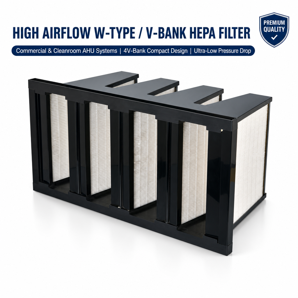GUANLIN W type high efficiency filter, 292 mm deep V-bank HEPA panel for cleanroom and AHU terminal filtration.