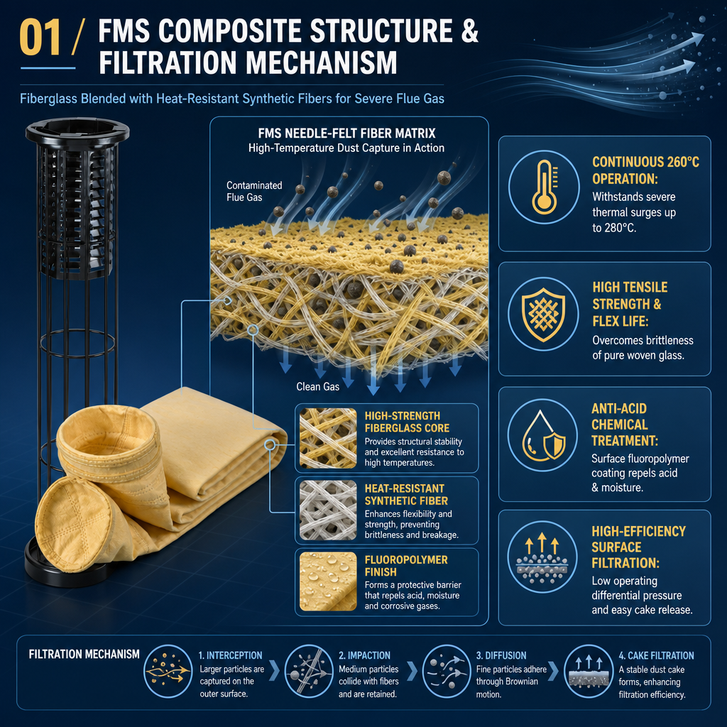 FMS fiberglass composite filter bag structure and high temperature performance