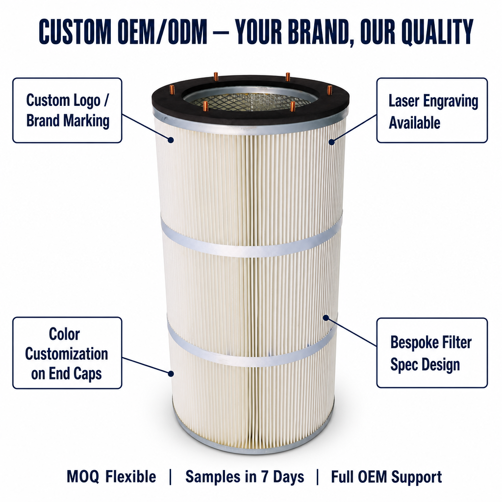 GUANLIN industrial filter cartridge, pleated element for dust collectors and air intake systems.