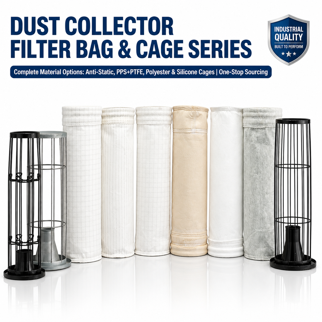 GUANLIN filter bag and cage set, 130°C temperature resistance, for woodworking and cement baghouse dust collection with matched snap band fit.
