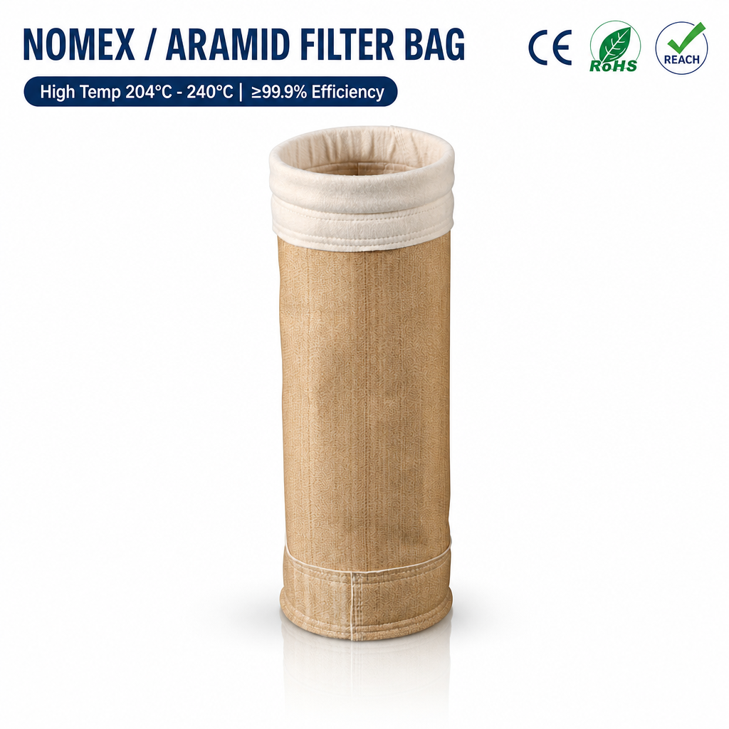 Aramid Nomex Filter Bag | High Temperature Baghouse Dust Collector Bag Custom Nomex Aramid Dust Collector Filter Bag | High Temp Baghouse Filter Sleeve High Temperature Aramid Nomex Dust Filter Bag | Baghouse Replacement Bag