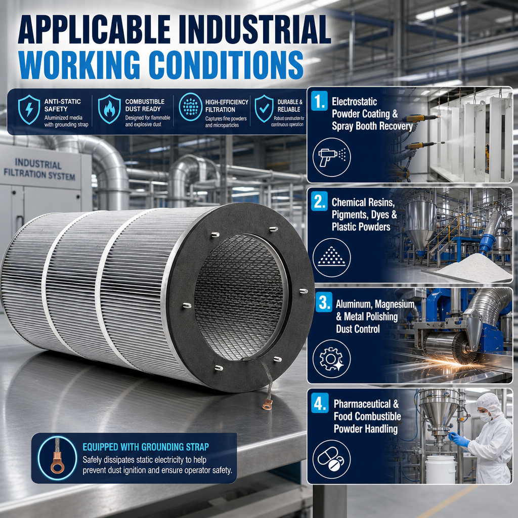 GUANLIN aluminised anti-static filter cartridge, conductive element for combustible and explosive dust collection.