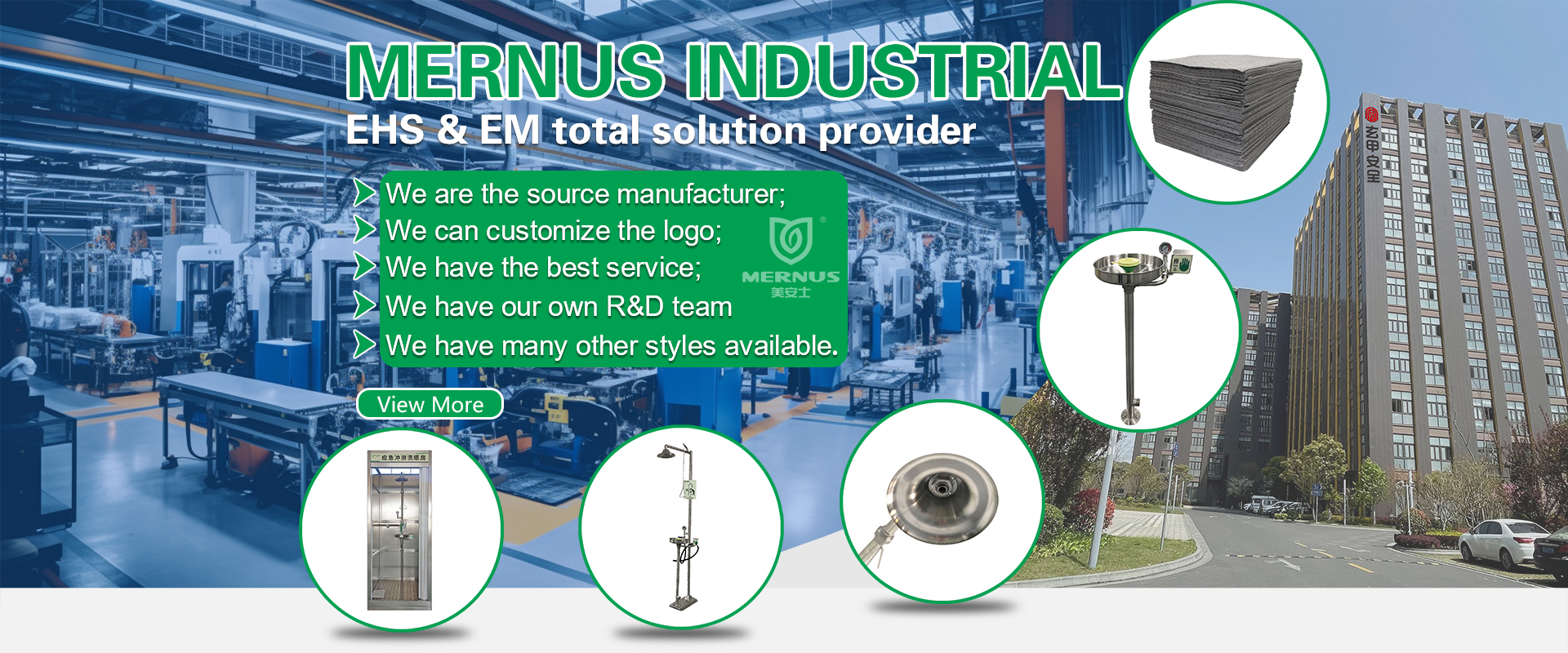 Personal protective equipment. Emergency shower and eyewash, Oil absorbents Supplier - MERNUS