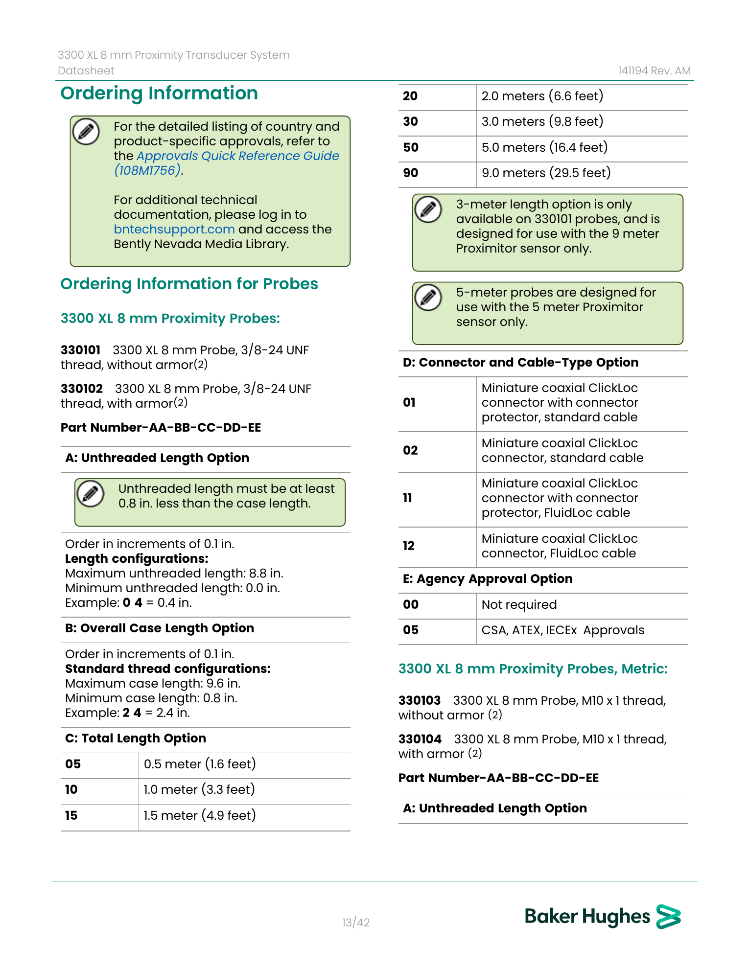 Official Bently Nevada 3300 XL 8 mm ordering guide showing code 330102-00-30-10-02-05 selections