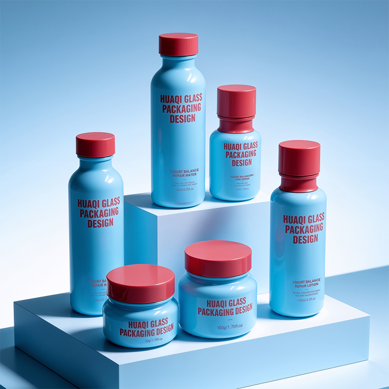 Custom Colorful Cosmetics Glass Bottle Set Skin Care Face Cream Jar