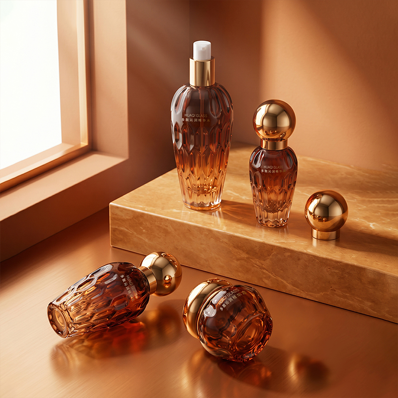 Empty Refillable Glass Lotion & Toner Bottle with Gold Spherical Cap
