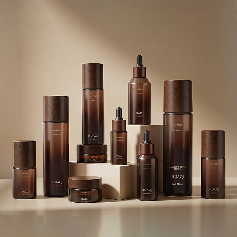 Gradient Brown Glass Skincare Bottles Set With Water Transfer Print Wood Grain Cap
