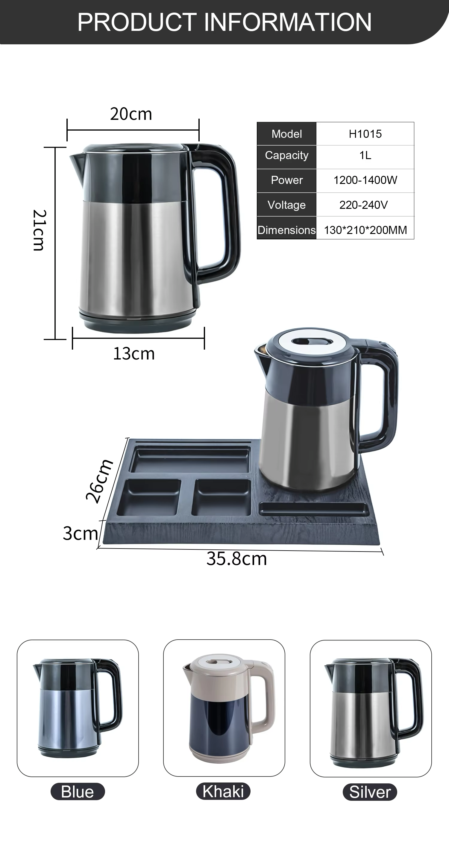 Hotel Guestroom Kettle ; 1.0L capacity, double body ; cool touch style kettle, H1015 factory