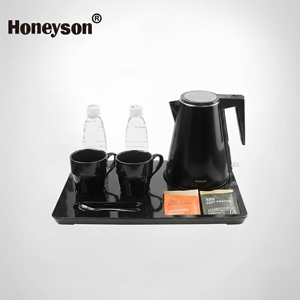 Hotel Guestroom Kettle Set with Melamine Tray, 1.2L capacity, double body – cool touch style, J-H1206