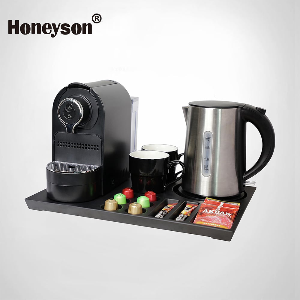 Hotel Guestroom Capsule Coffee Machine and Kettle Set with Melamine Tray, 1.0L capacity, 304S/S Kettle, N42M-HS-202B-H1206-1
