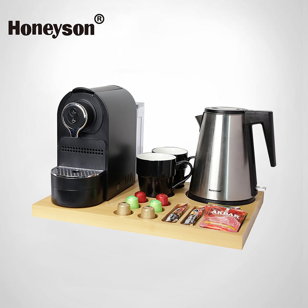 Hotel Guestroom Capsule Coffee Machine and Kettle Set with Wooden Tray, 1.2L capacity, 304S/S Kettle, N42-HS-202B-H1205